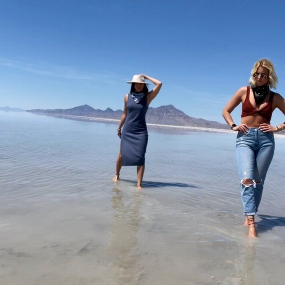 BLUE HIGH NECK DRESS WITH SLIT - Picture 4 of 4